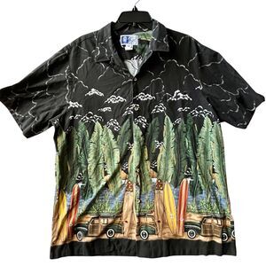 Vtg RJC Black Hawaiian Shirt Mens Size XL Surfboard Truck Made Hawaii Cotton